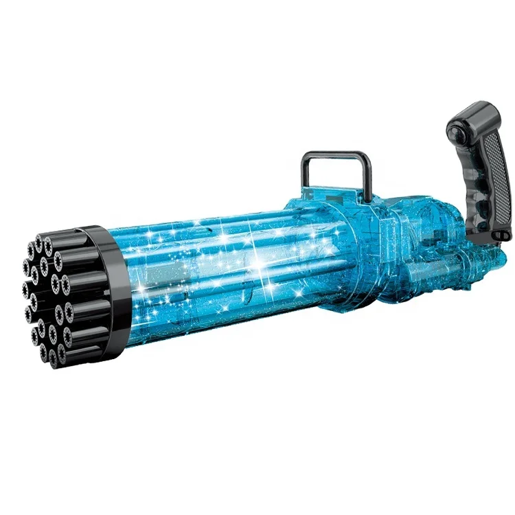 Electric Outdoor Toys Automatic Blowing Bubble Machine With Water 21 Hole Lighting Gatling