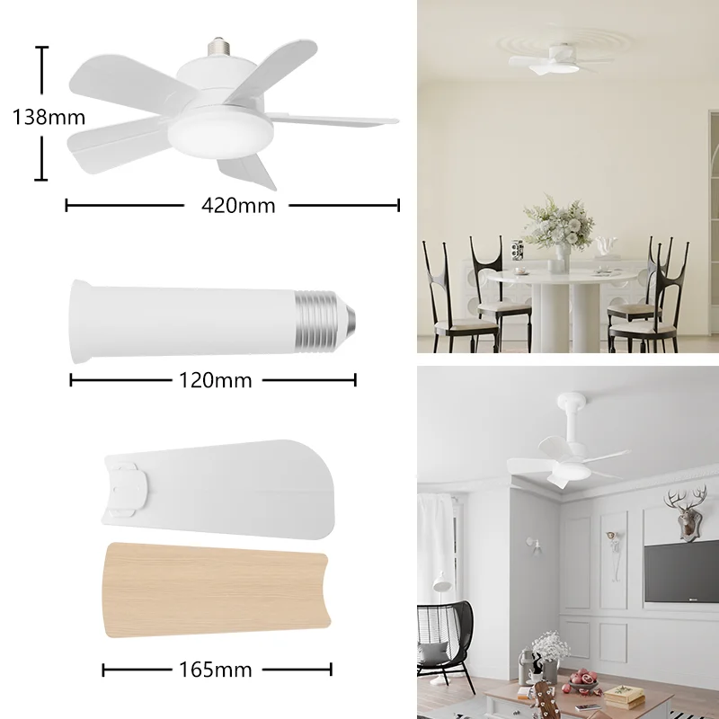 E27 socket Fan LED light 17 inch 6 Grade Dimmable Enclosed Kitchen E27 Bulb 6 Blades Socket Fan Modern Ceiling Fan With Light