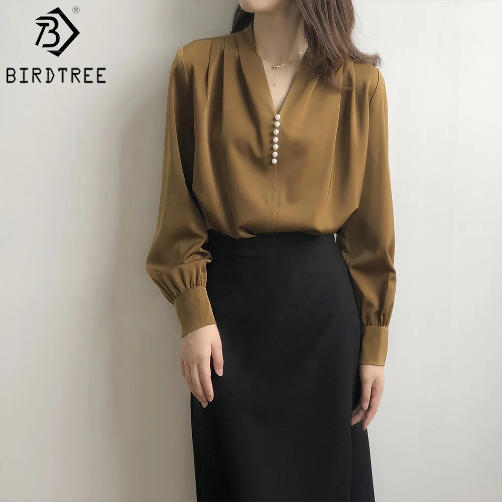 Women Autumn Satin Long Shirts Long Sleeves V Necks Beaded Elegant Loose Female Clothes Blouses Casual Winter Basic Tops