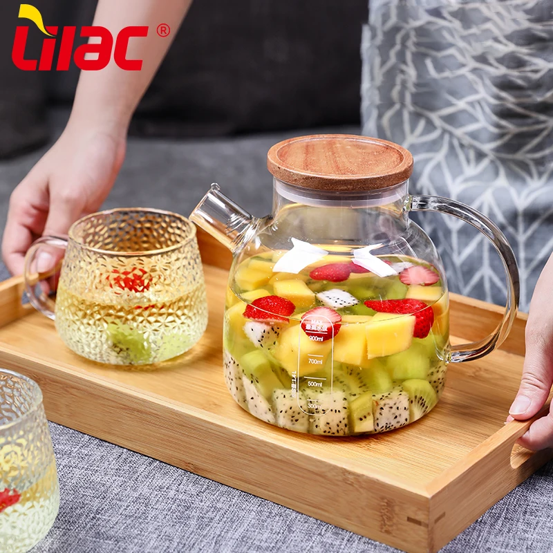 Lilac BSCI SGS LFGB 1400ml 1800ml glass tea pot teiera in vetro e legno tasse infusion th en verre glass teapot