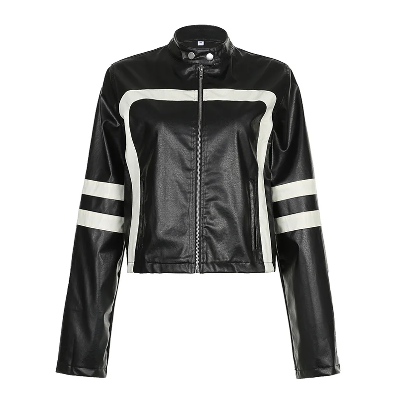 Fashion style color matching short PU Leather slim-fit women jacket autumn stand collar zipper coat