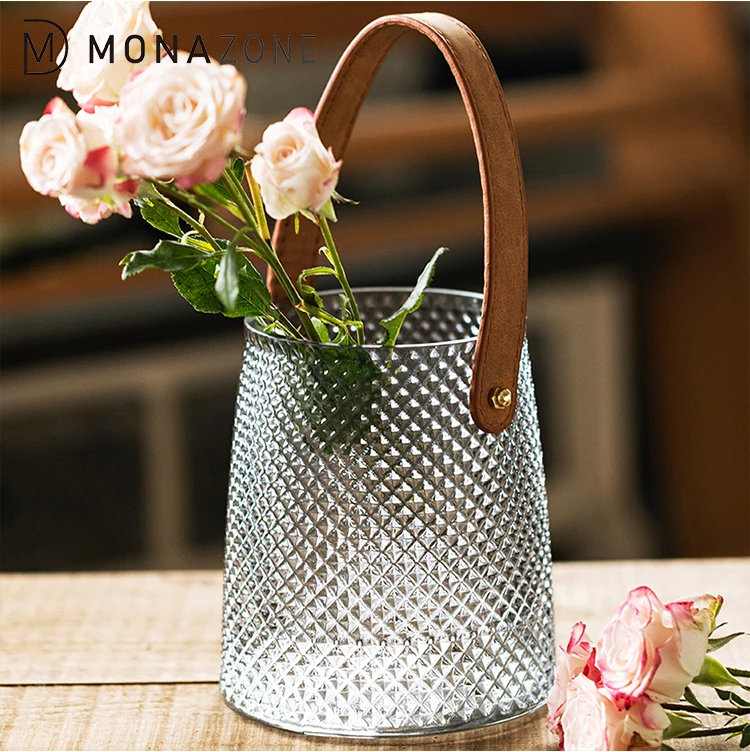 MONAZONE Light Luxury Style Fashion Vase With Leather Handle Transparent Glass Home Decoration Vase