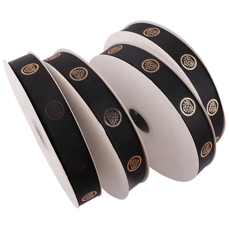 ECO friendly 2.5 cm White logo printing Gold foil printing ribbons Brand Artwork Colorful Satin Grosgrain Ribbon for Packaging