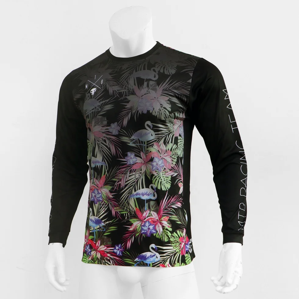 HOSTARON Quick Dry Summer Black Crewneck Long Sleeve Swan Leaves Patterns MTB Bike Jersey