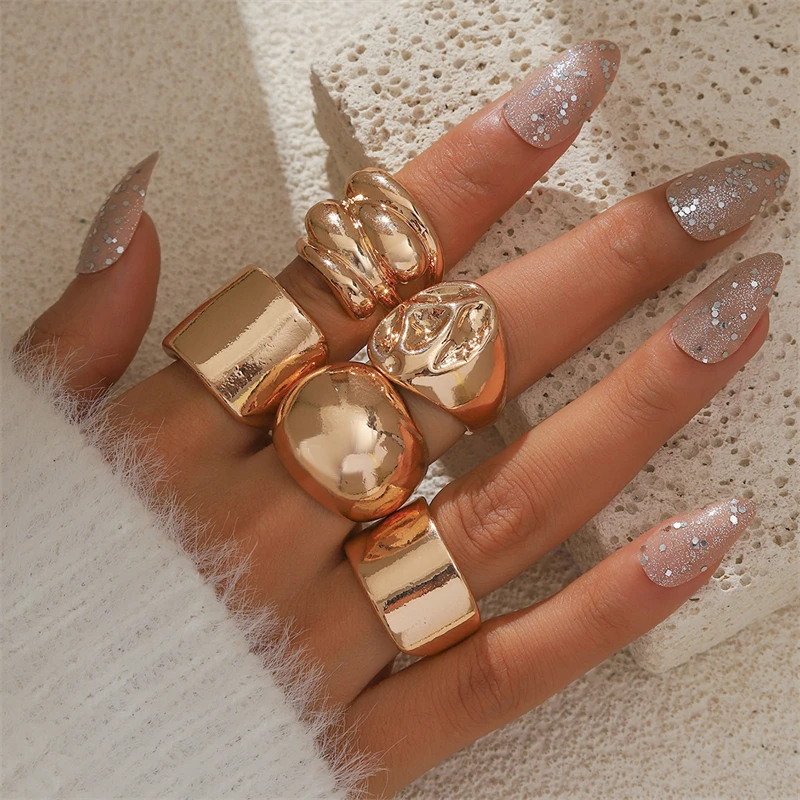 Fashion Punk Jewelry Exaggerated 18k Gold Plated Ring Set Big Thick Chunky Jewelry Rings for Women