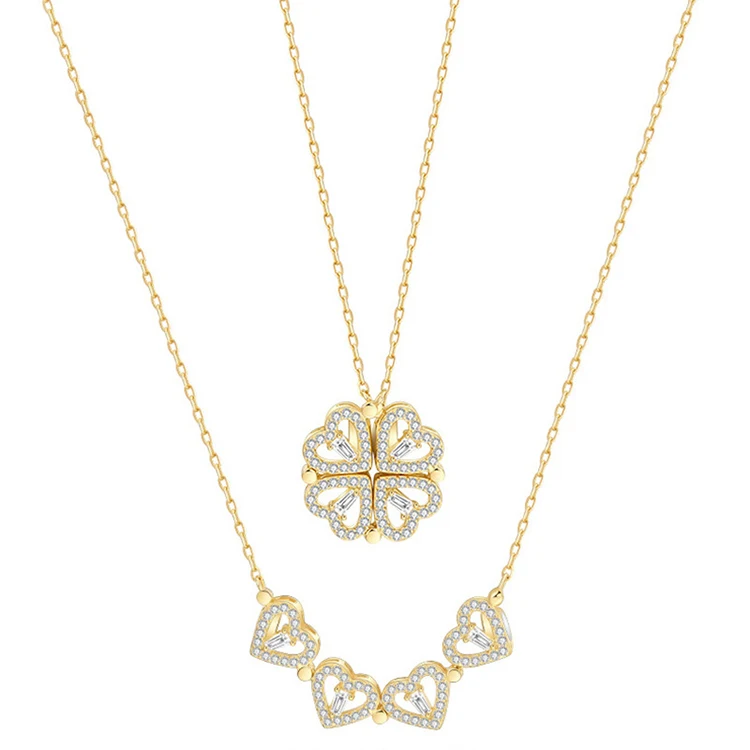 Lucky women silver 4 leave clover magnet heart necklace 18k gold plated stainless steel choker chain four leaf clover necklace