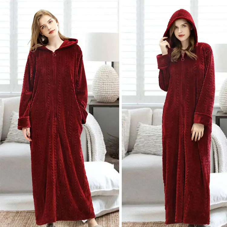 Winter Sleepwear Flannel Long 100% Turkish Cotton Terry Hooded Zipper Girl Bath Robe