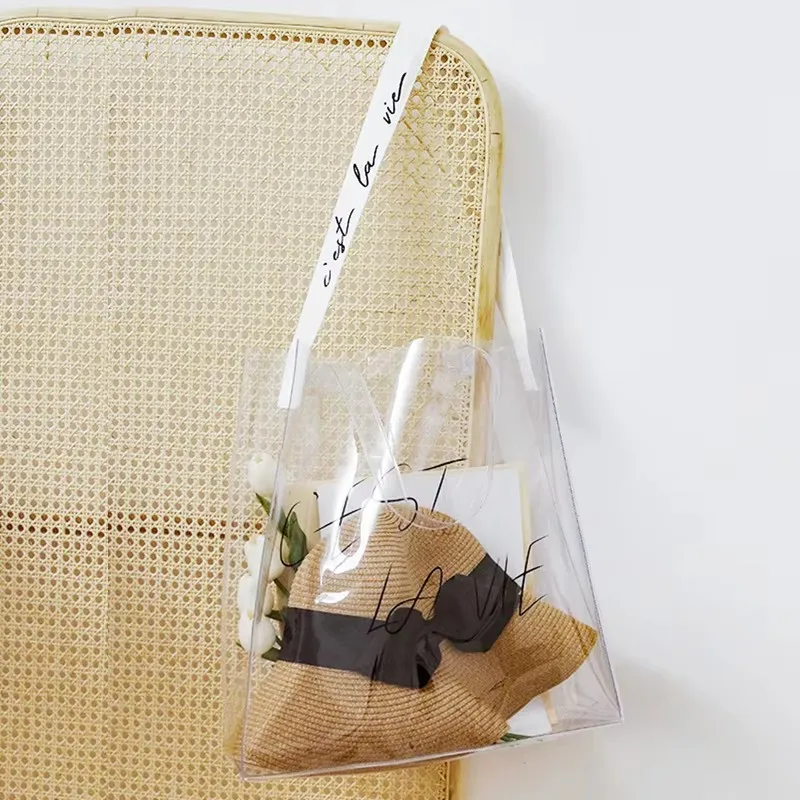 Custom Logo Webbing Handle PVC Clear Shopping Bag Waterproof Gift Plastic Bags Transparent Beach Tote Bag