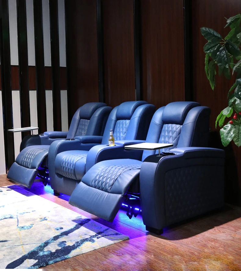 Dual Motor Blue Leather Home Cinema Chairs Sofas Electric Adjustable Lounge Chairs Theater Massage Seating Sofa