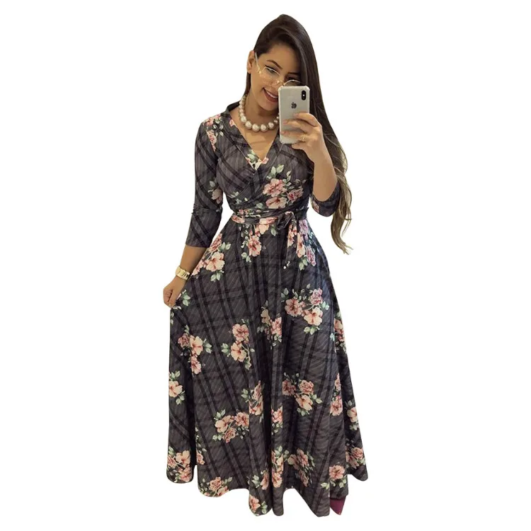Clothes women v neck 3/4 sleeve plus size floral printed party long maxi dresses with belt