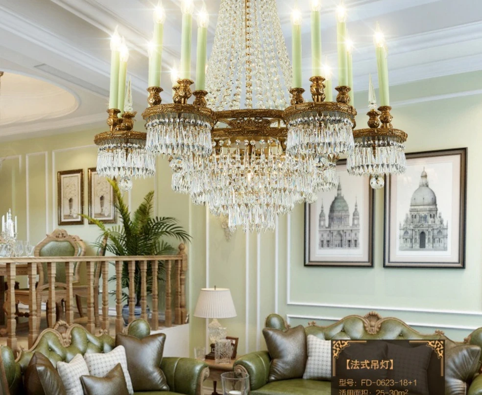French Retro Luxury European Style All-Copper Chandelier LED Light Source for Villa Hotel Living Room Palace Style Lighting