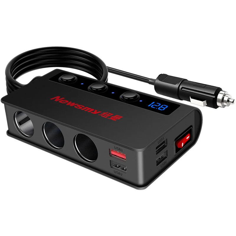 2022 Hot Sale Multifunctional Car Charger 3 Cigarette Lighter Jack + 4 USB Jack 180W (max) High Power Car Charger