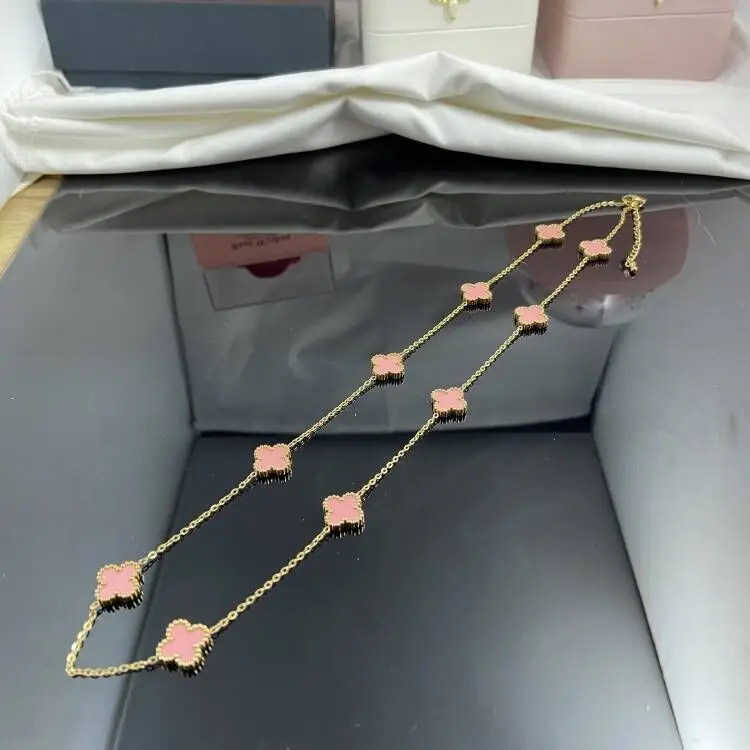 10pcs Gold Plated Charm Stainless Steel Lucky Four Leaf Clover Long Necklace for Women