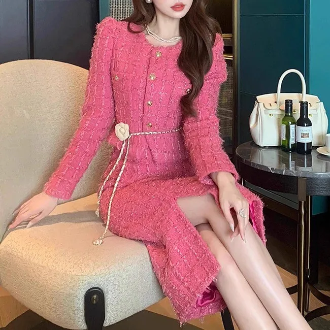 New arrivals women elegant pink long tweed skirt and jacket two pieces