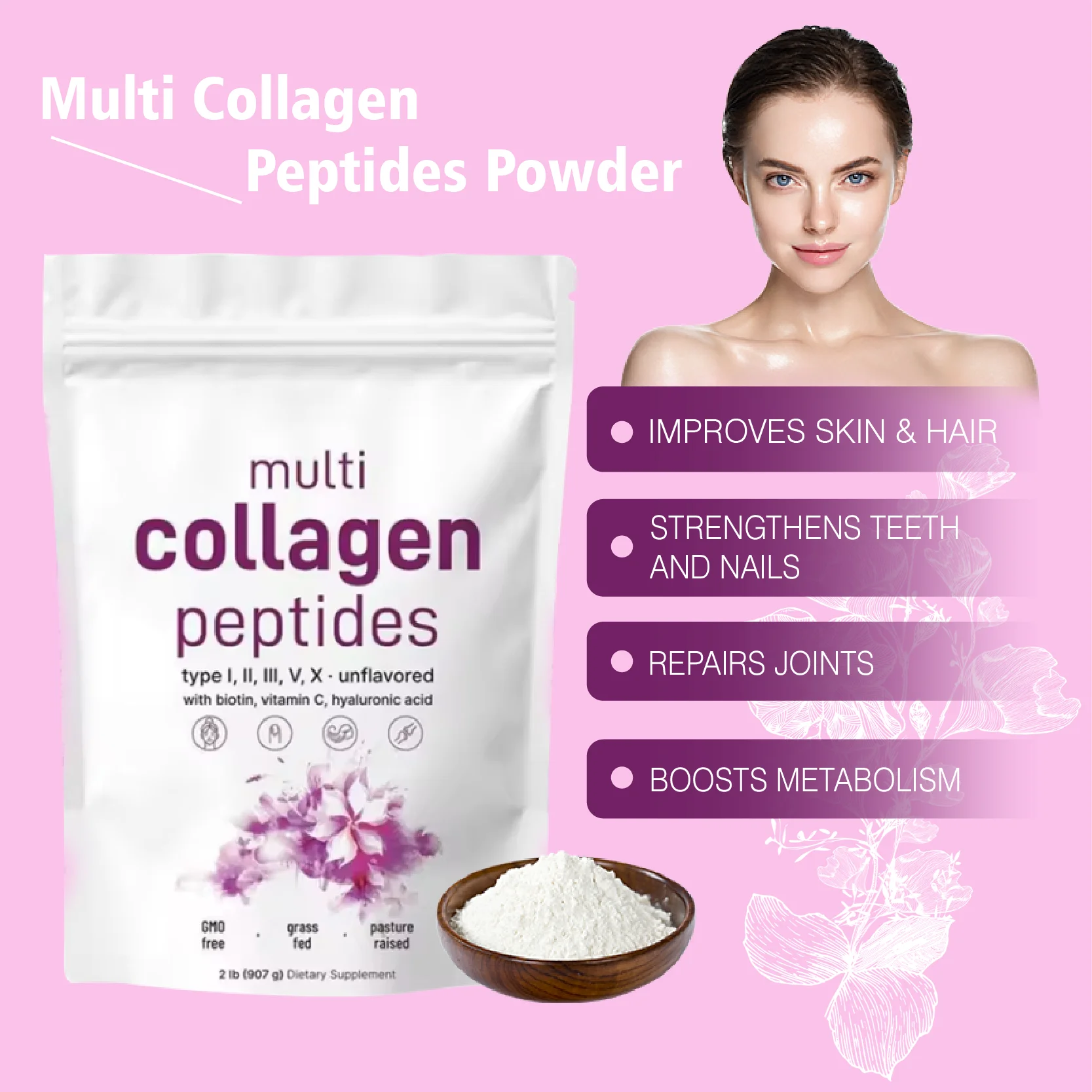 Private Label Multi Collagen Protein Powder Nutrition Supplement Hydrolyzed Acid Collagen Powder for Beauty Skin Nail Hair Grown