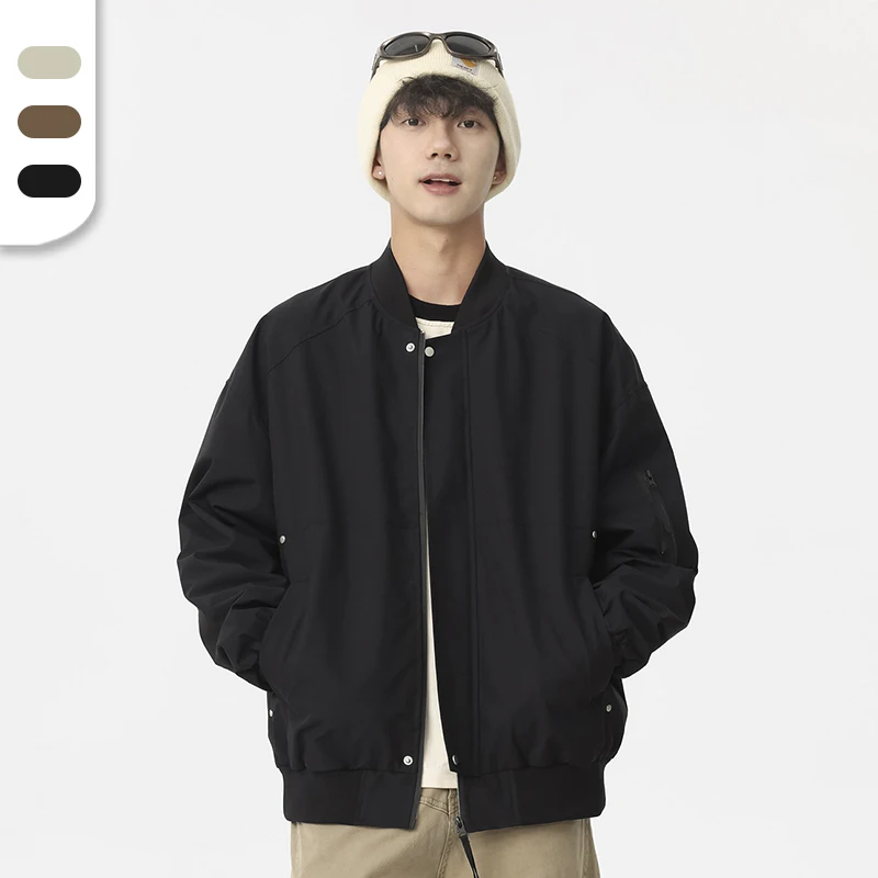 Trendy Unisex Baseball Collar Leisure Jacket with Custom Logo Zip-up Varsity Jacket with Arm Pocket Street Wearing Windbreaker