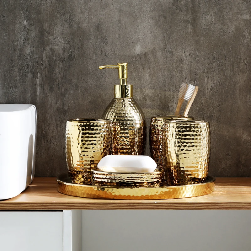 Luxury Nordic Gold 5Pcs Set with Plate Home Hotel Household Washroom Ceramic Soap Dispenser Bathroom Products Accessories Set