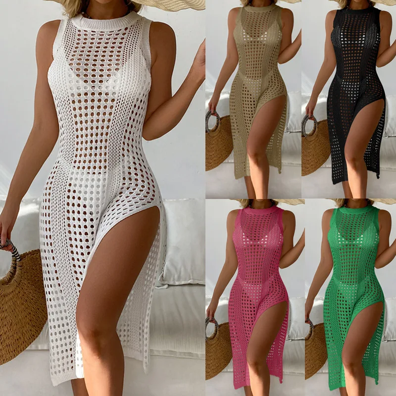 2022 beach bikini cover up crochet knit mesh cover up swimsuit beach cover up dress women knitted woman beach wear