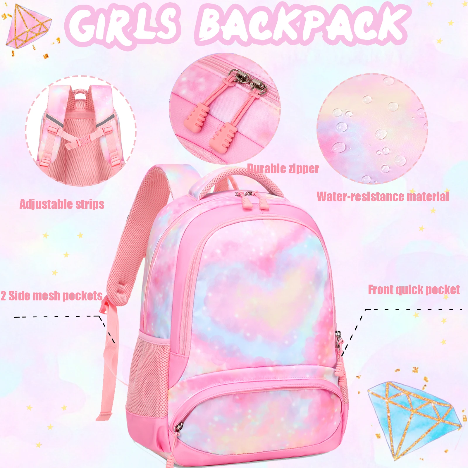 Fashion 3 In 1 Student Backpack Set Pink Purple Heart Pattern Waterproof School Backpack For Teenagers