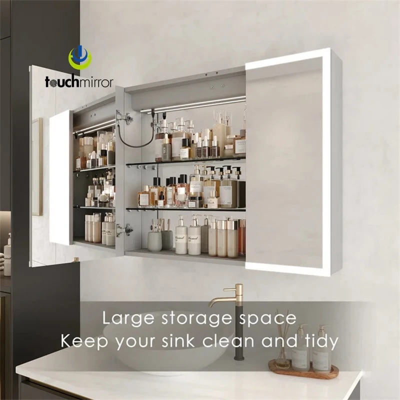 Wall Furniture Smart Bathroom Makeup Led Lighted Mirror Cabinet With Defogging