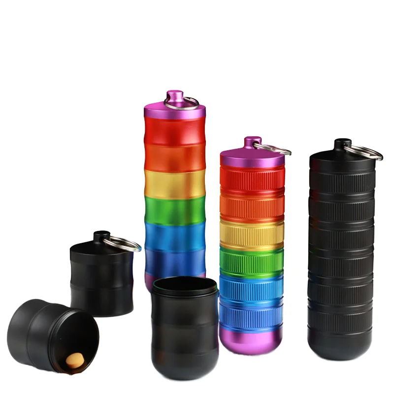 Hight Grade Portable 7-Compartment  Metal Pill Box Rainbow Aluminium Alloy Travel Organizer Waterproof & Food Safe Home Storage