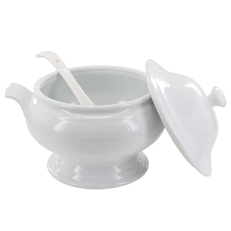 Custom glazed ceramic white soup bowl white soup tureen with ladle