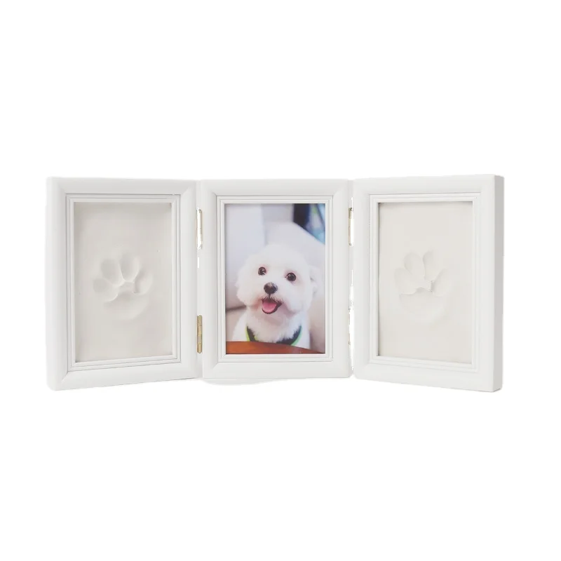 Foldable solid wood photo frame for easy placement as a beautiful gift for pets with pressed paw prints