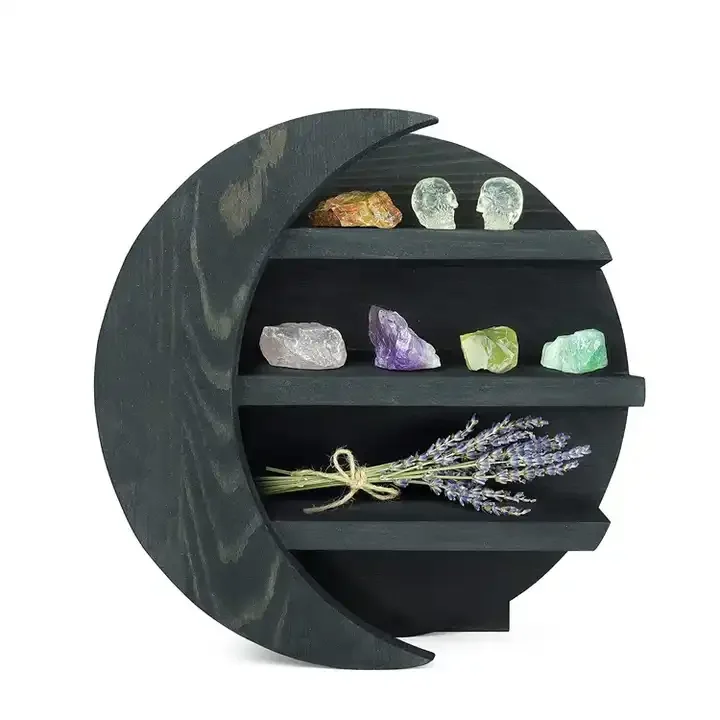 Wholesale Wall Mounted Decorative Essential Oil Display Shelves Rustic Wooden Floating Moon Wall Shelf for Crystals