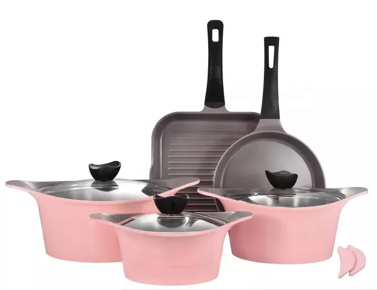 8pcs die cast aluminum korea model pink color cookware set with high quality grey ceramic coating