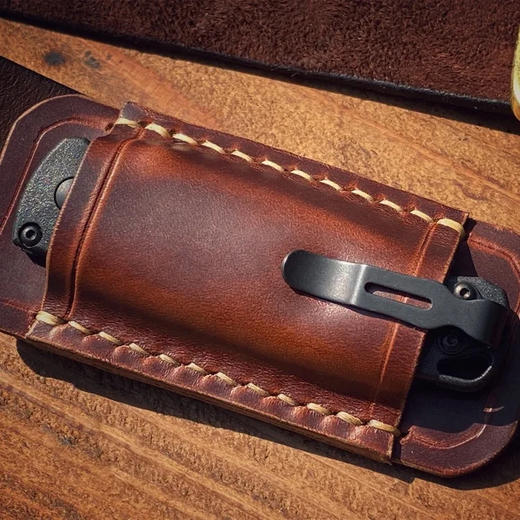 Outdoor Horizontal Carry Sheath Folding Knife Holder Belt Leather Pouch For