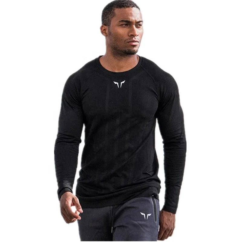 New fashion Stitching color men  fitness sports running tight T shirt stretch sweat quick dry long sleeve shirt