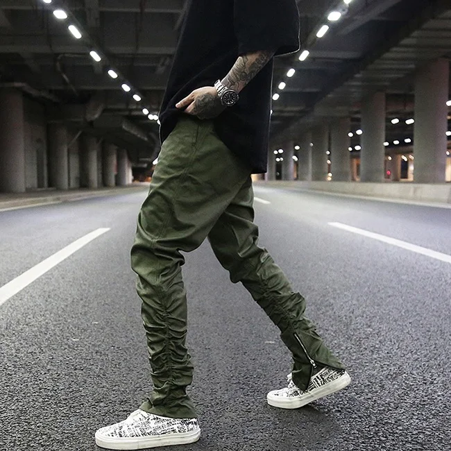 OEM fog trendy plain color draped stretch waist pants men stock slim fit ankle zipper jogger pants teen punk rap streetwear