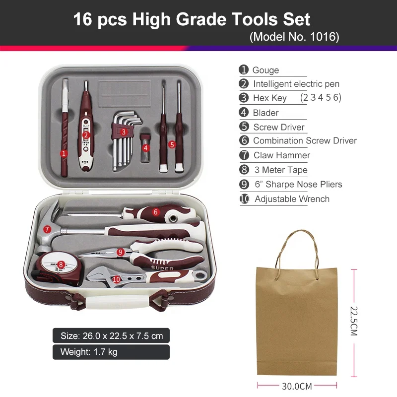 1016 hand tool set Adjustable Wrench Professional 16 PCS High Grade Tools Set