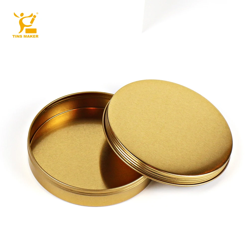 Eco friendly custom seamless print round metal box tin can 4oz gold black food grade candy tea aluminum tins