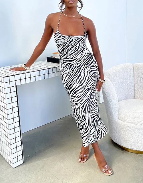 Женское летнее платье с лямкой на шее, свободное платье макси с открытой спиной и принтом зебры, 2022