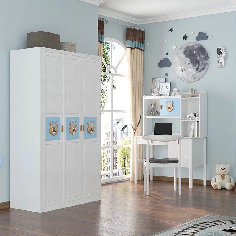 wholesale price Wood Children Beds for boy kids bedroom furniture with 3 door wardrobe and white bunk beds kids