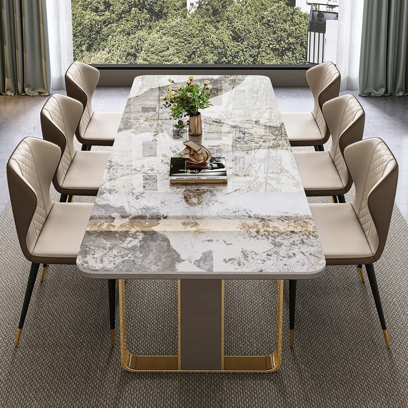 Nodic Marble Design Rectangle Home Furniture Dinning Table Meeting Room Office Desk Sintered Stone Top With Gold Metal Base