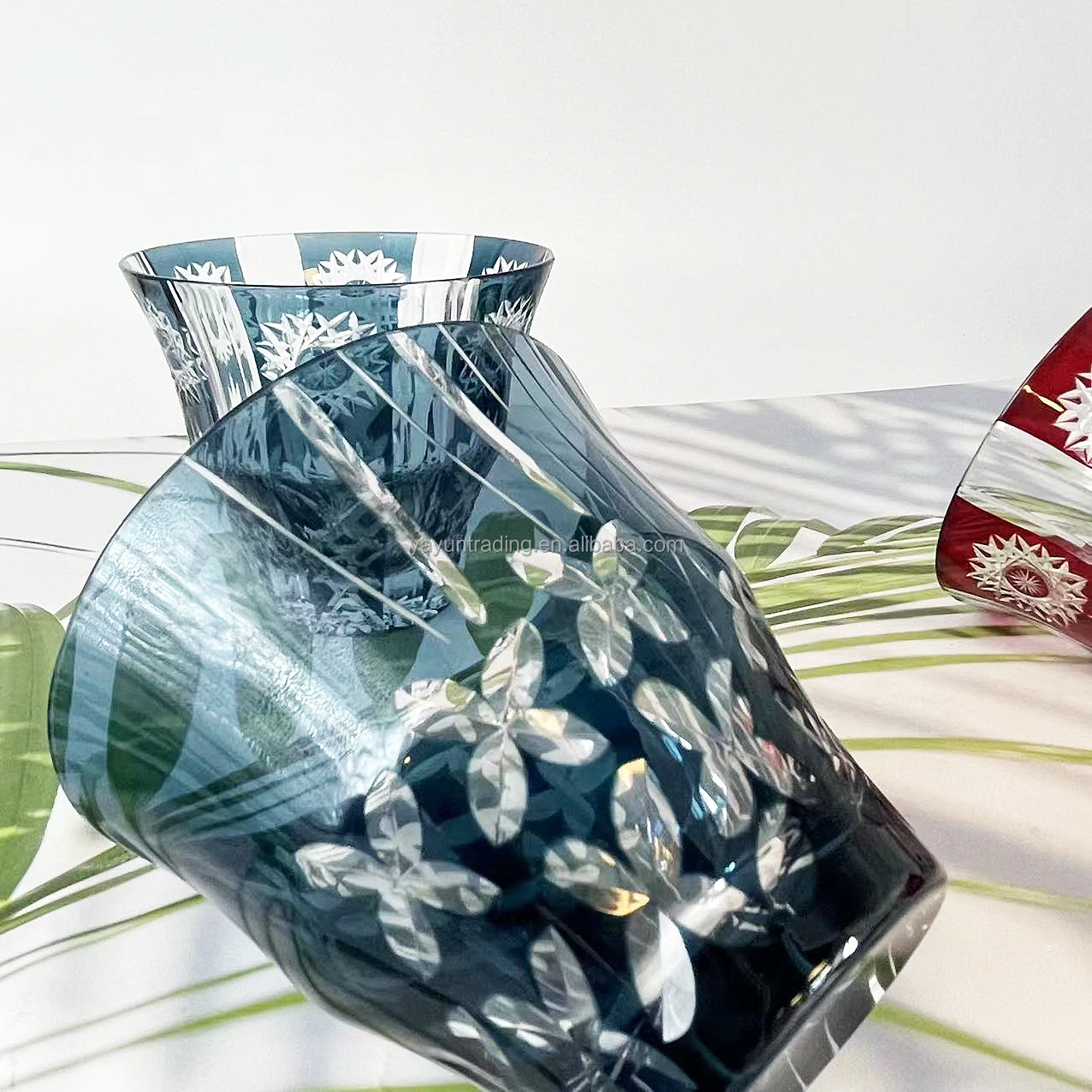 Flat Bottom Bohemia Style Drinking Glasses Blue Red Cut to Clear Crystal Drinking Glasses