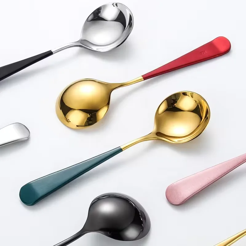Hot Selling Colorful Handle Round Spoon Stainless Steel Round Head Soup Spoon Modern 304 Stainless Steel Spoons for Soup