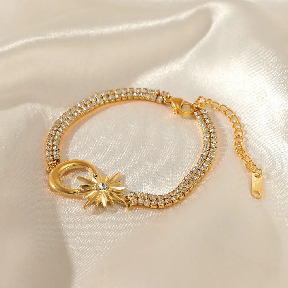 Crescent Moon Star Sparkling Crystal Chain Bracelet for Women Stainless Steel Dainty High Quality Bangle Jewelry(BL141)