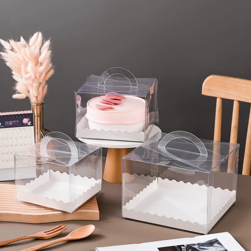 Wholesale Transparent Cake Box Bento Cake Boxes Custom Portable Baking Packaging With Handle Roll Cake In Bulk