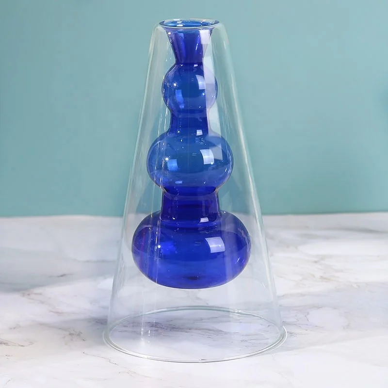 Blue nordic style pyramid shape transparent glass vase for wedding and home decor