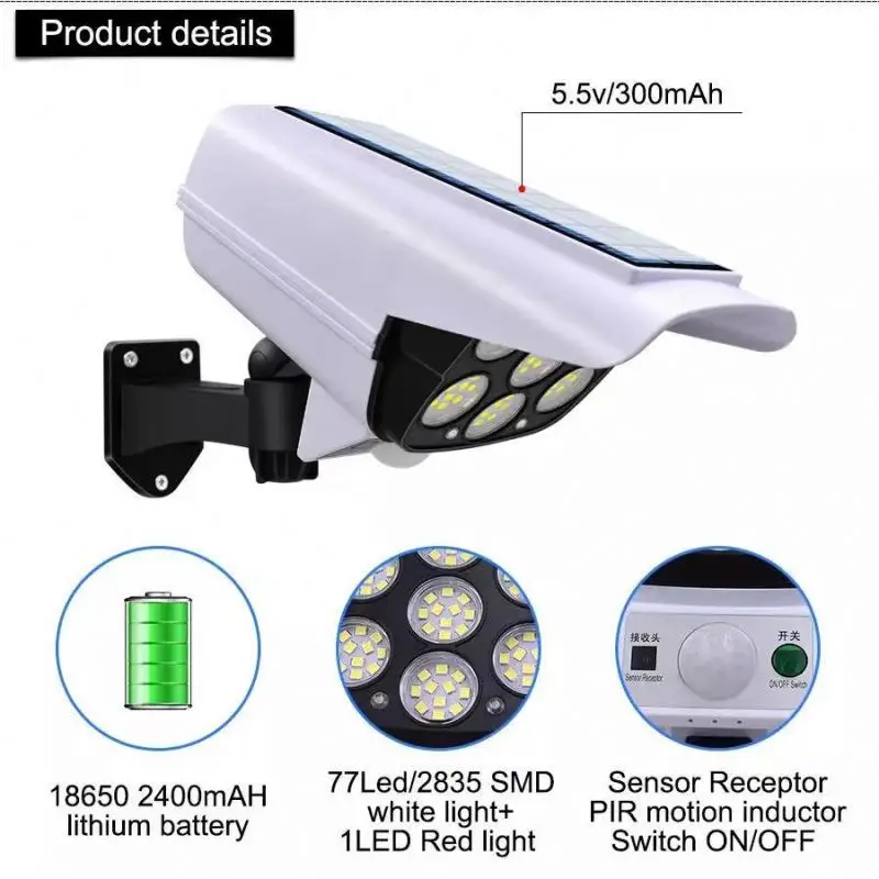 Wholesale price Security dummy cctv3 Modes 77 SMD 2400 mAh solar decorative wall lights