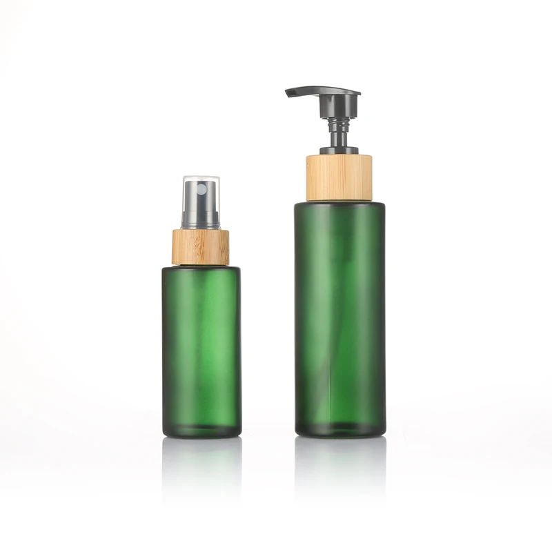 Empty sets clear frosted glass cream jars bamboo wooden lid glass bottle for cosmetic packaging