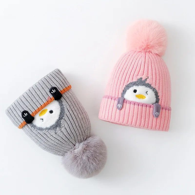 Cartoon Cute Plush Warm Wool Kids Knit Knit Winter Beanie Hat With Pom Pom Beanie Hat