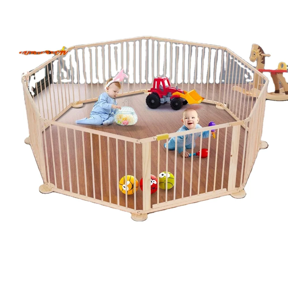 Wooden Playpen Foldable Removable for Baby and Toddlers with Mat Slide Wooden Safety  For Kids Indoor