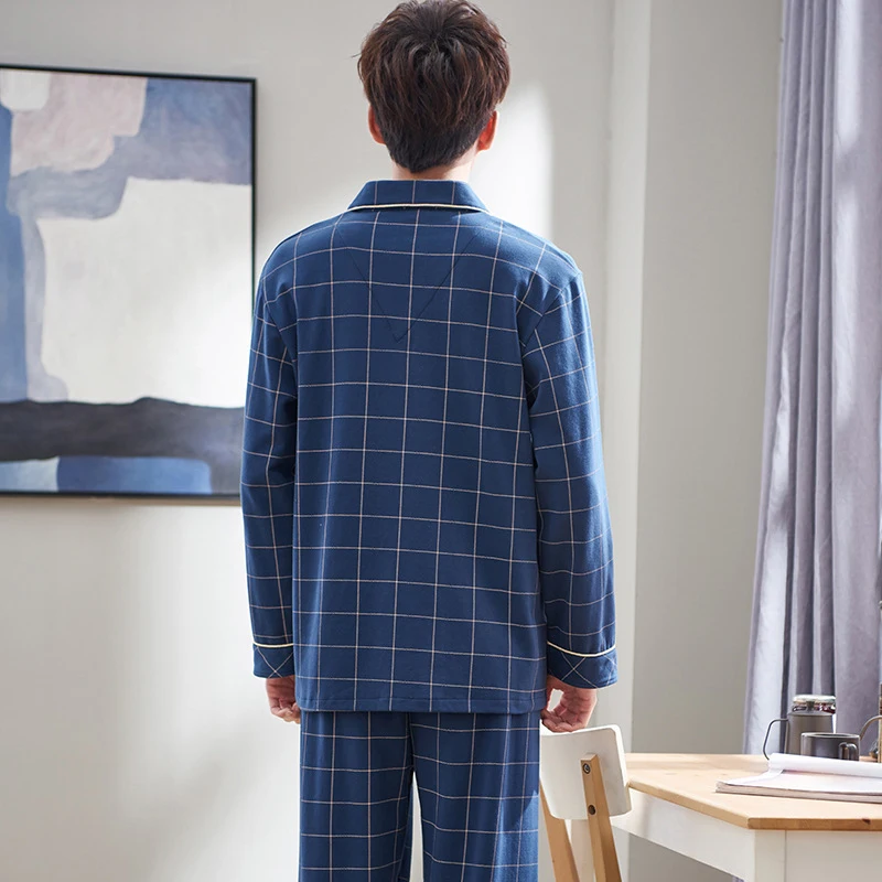 
2PCS Pajamas Men Cotton Long-sleeved Suit Plaid Large Size Sleepwear 