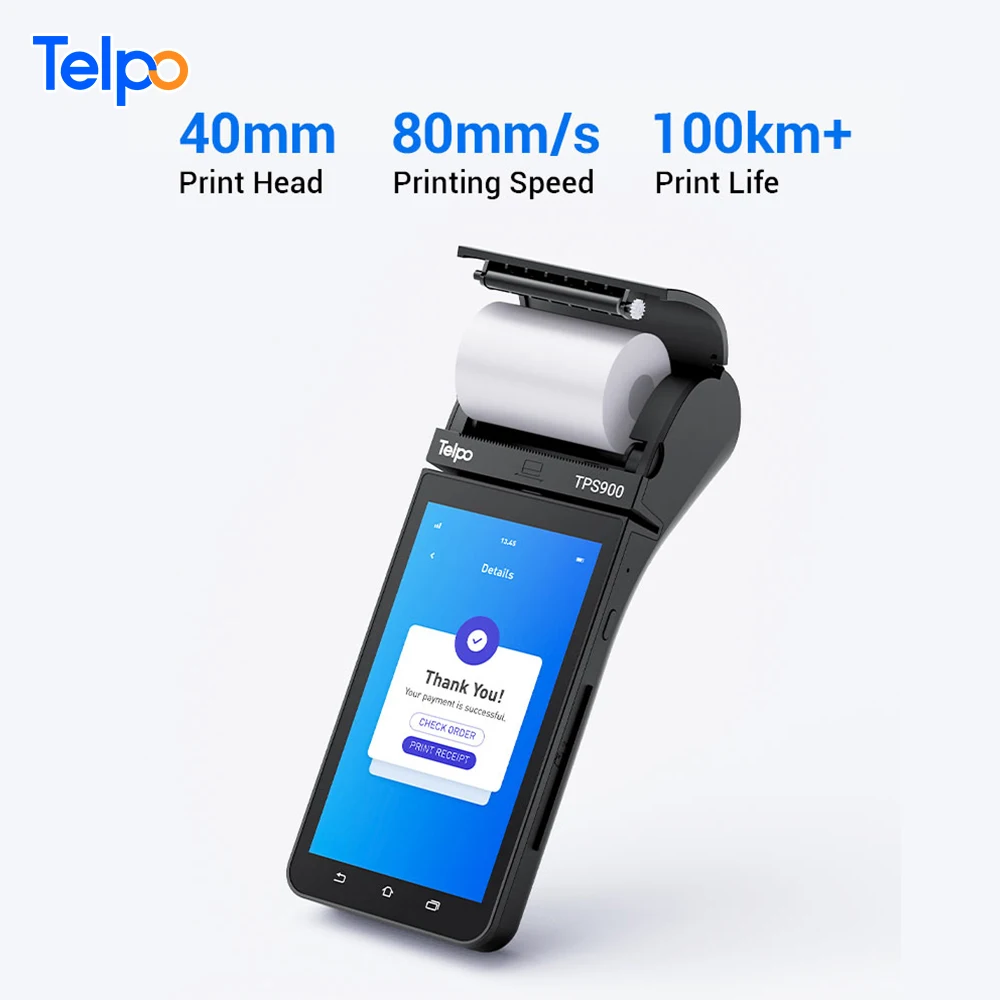 TPS900 Bank Android 10 POS Terminal 4G restaurant with 40mm printer paper roll