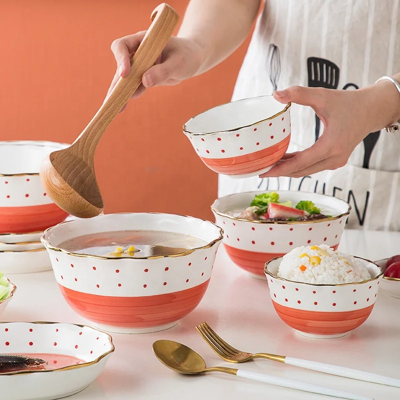 Household Japanese polka dot design ceramic orange glaze bowl plate steak plate