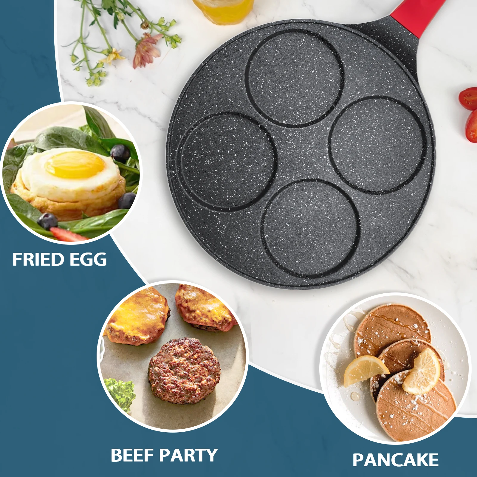 Kitchen Utensils Non-stick Frying Pot Pan 7 seven-Holes Steak Egg Pancake Thickened Omelet Pan Wooden Waffle Handle Pan